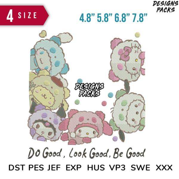 Cute embroidery designs with pastel characters, available in multiple sizes and formats for DTG/DTF printing.