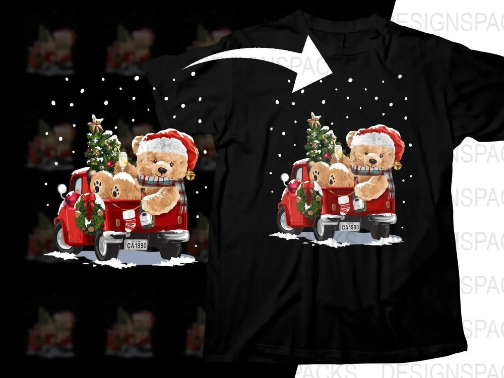 Santa Bear on Red Truck with Christmas Tree Png Digital Download