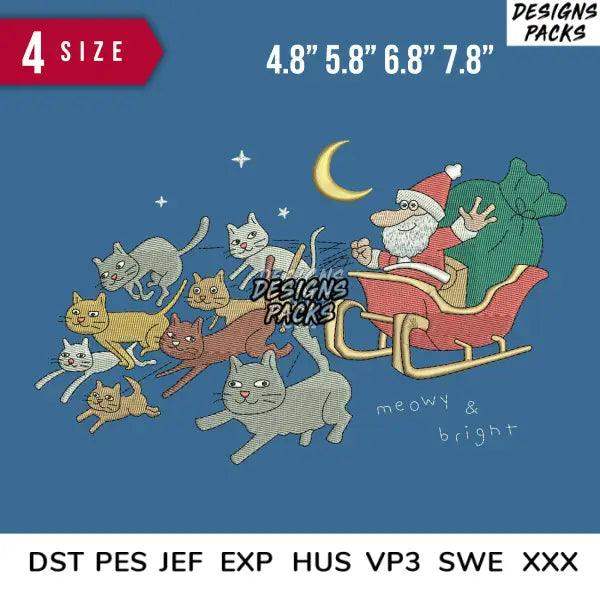 Santa in sleigh with cats, moon & stars — embroidery design in DST PES JEF formats, 4 sizes