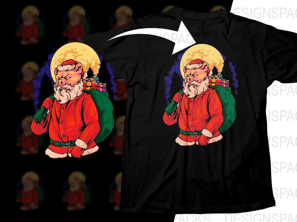 Santa Claus Pig Carrying Gifts Under Full Moon Png Digital Download