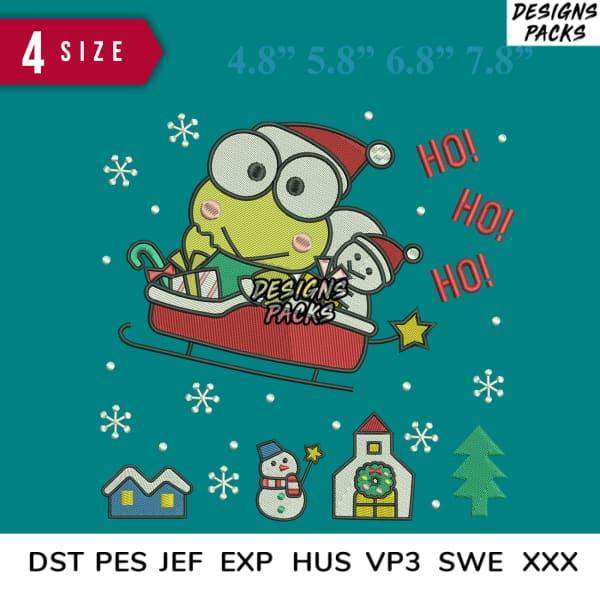 Frog in Santa hat on sleigh with snowman, Christmas embroidery design in DST PES JEF formats