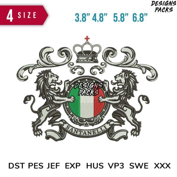 Embroidery design with lions, crown, and Italian flag shield. Available in DST, PES, JEF formats. 4 sizes.