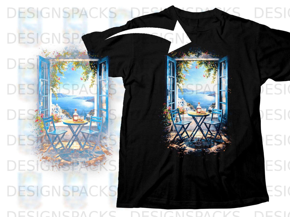 Black t-shirt with a vibrant graphic of a Greek island balcony overlooking the sea.