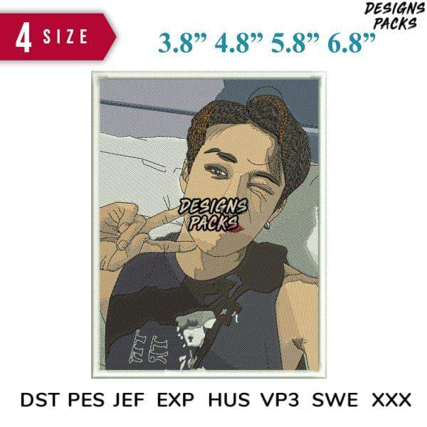 Embroidery design of winking person with 4 size options, compatible with DST PES JEF formats