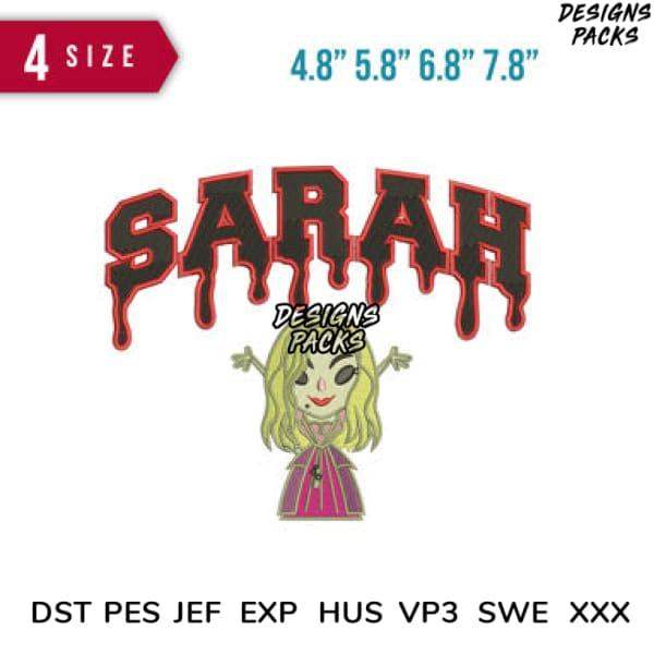 Sarah horror font with dripping effect and cartoon girl, 4 sizes, embroidery formats DST PES JEF EXP