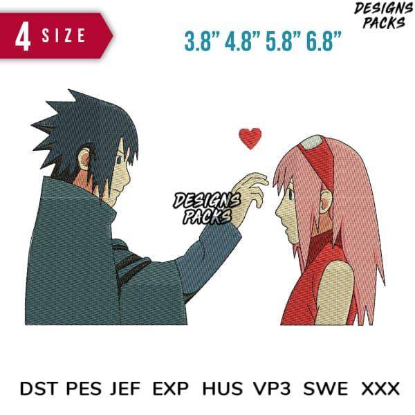 Anime couple embroidery design with heart, available in multiple sizes and formats