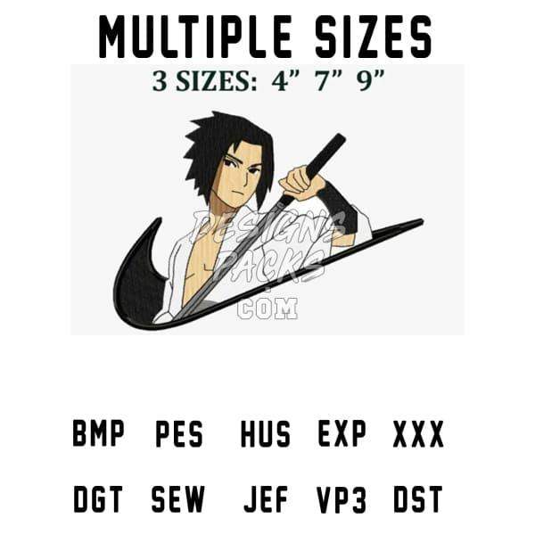 Anime character with sword in Nike swoosh, available in 4”, 7”, 9” sizes, embroidery & print-ready formats