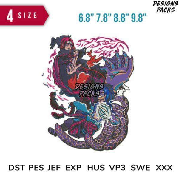 Anime-style dragon and ninja design in 4 sizes, print-ready for embroidery & DTF/DTG, formats include PES, DST, SVG