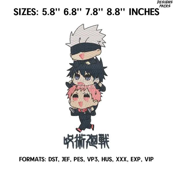 Satoru, Megumi and Itadori Embroidery Design File, Jujutsu Kaisen Anime Embroidery Design. Anime Pes Design