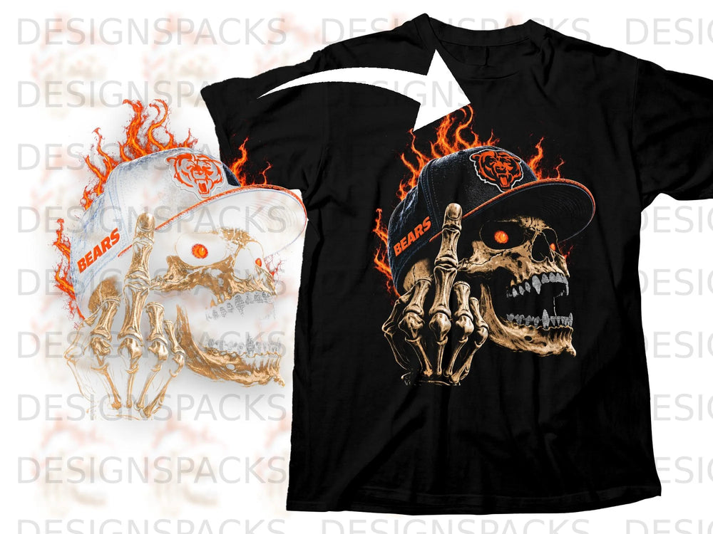 Black t-shirt with a flaming skull wearing a Bears hat and making a rude gesture.