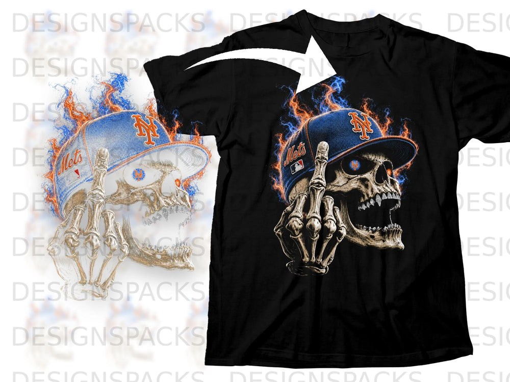 Black t-shirt with a graphic of a flaming skull wearing a Mets cap, giving the middle finger.