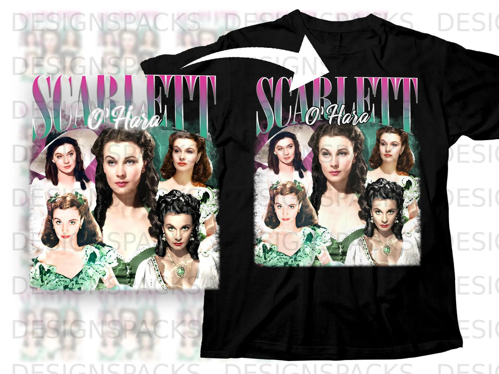 Scarlett O'Hara montage with four portraits on a black t-shirt design.