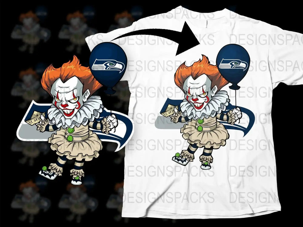 Scary Clown Holding Balloon with Football Team Png Digital Download