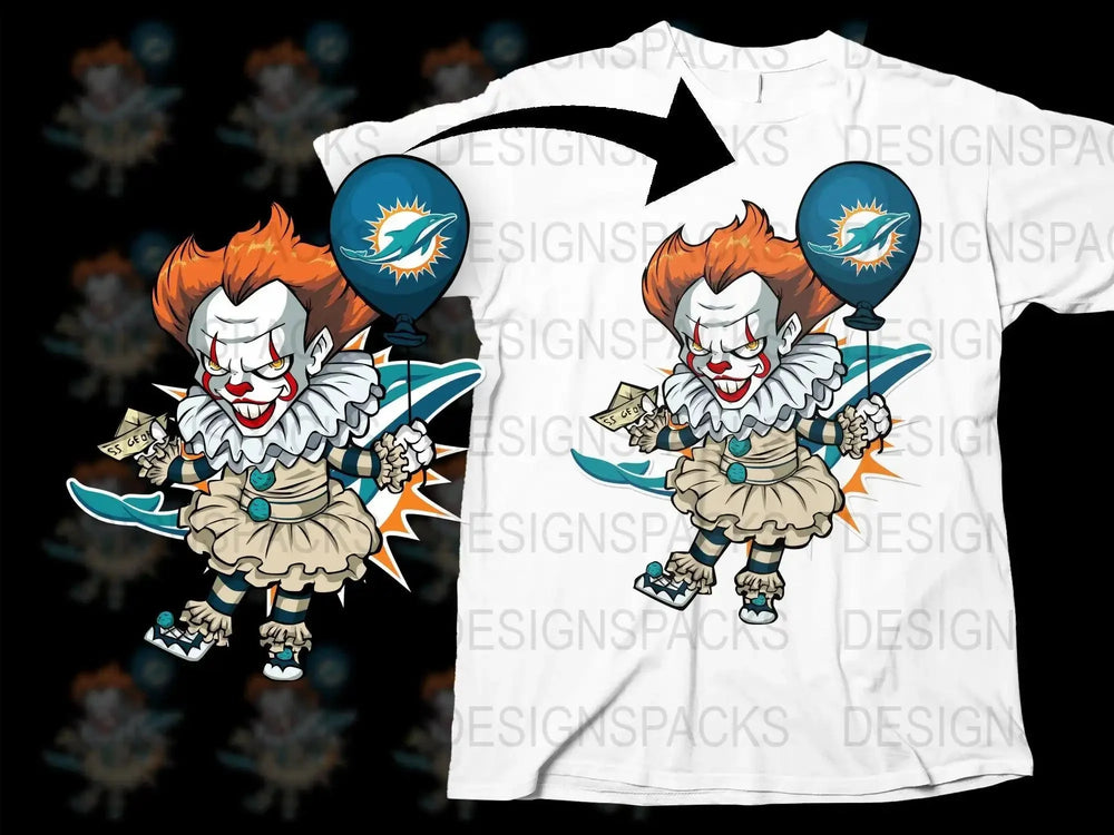 Scary Clown Holding Miami Dolphins Balloon Png Digital Download