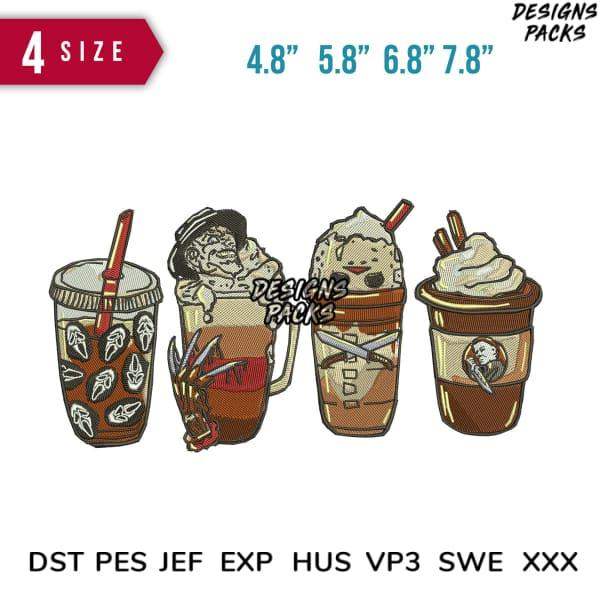 Four coffee drink embroidery designs in 4 sizes, print-ready formats for DTG/DTF, instant download