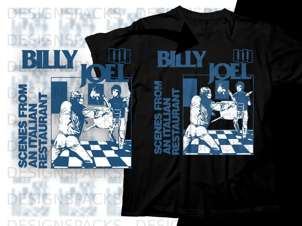 Billy Joel "Scenes From An Italian Restaurant" graphic tee on black shirts.