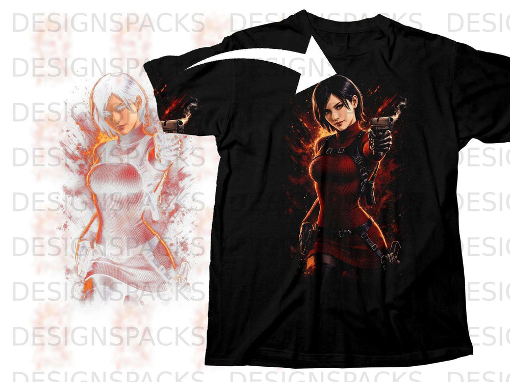 Black t-shirt with Ada Wong character art holding a gun, fiery background.
