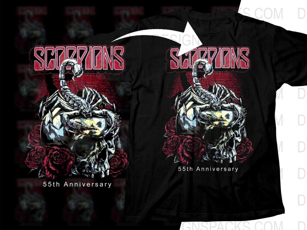 Scorpions 55th Anniversary t-shirt with skull, scorpion, and roses design