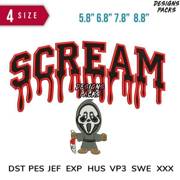 Scream horror movie embroidery design with ghostface character, 4 sizes, DST PES formats