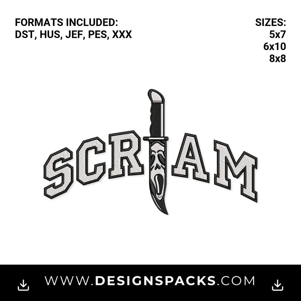 Scream Ghostface Knife Varsity Letters Embroidery Design - Instant digital download pattern at Designspacks.com