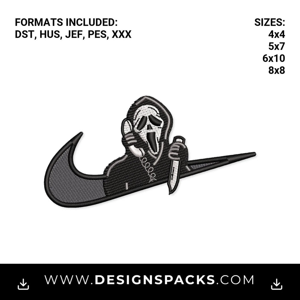 Scream Ghostface Phone Swoosh Embroidery Design - Instant digital download pattern at Designspacks.com