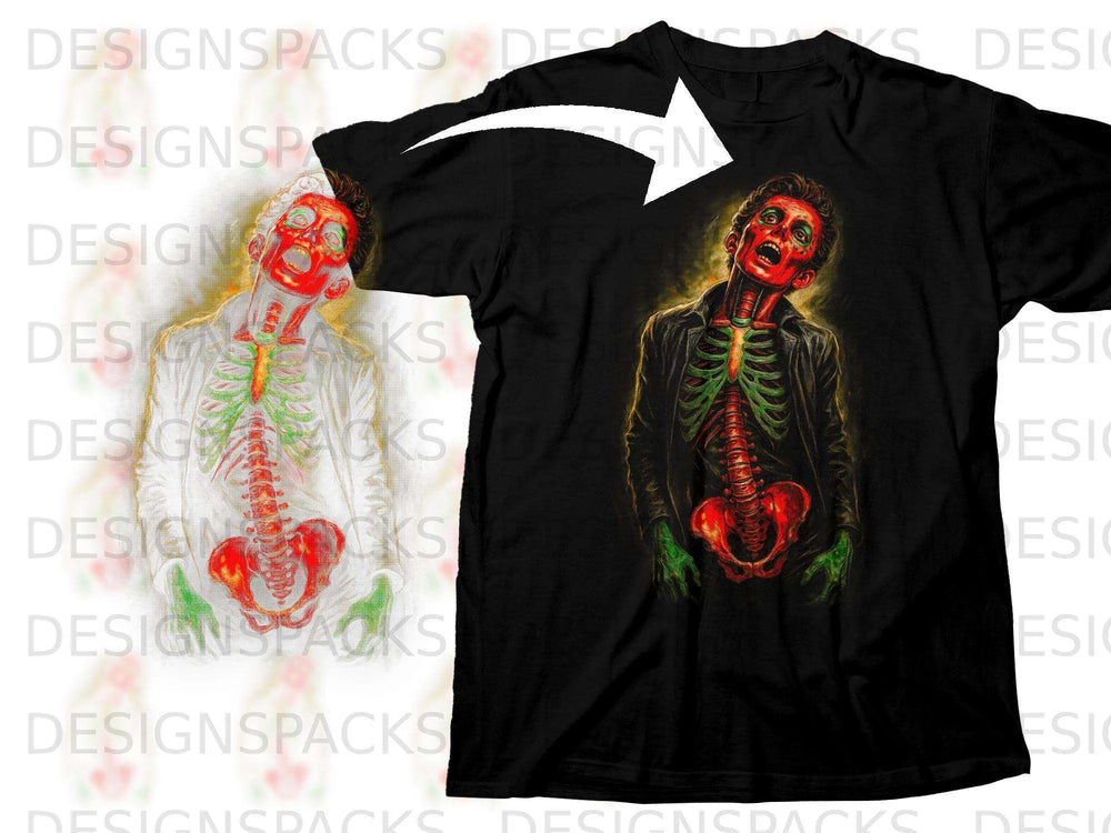 Black t-shirt featuring a zombie with exposed rib cage and skeletal features.
