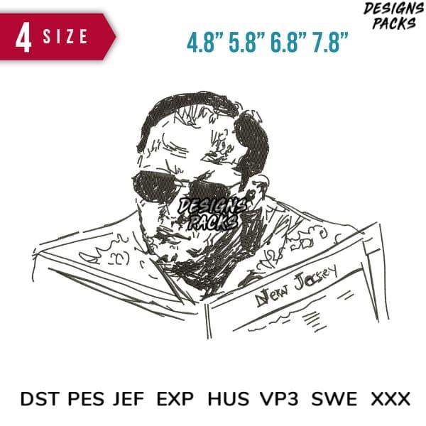 Sketch-style embroidery design of man reading newspaper, available in 4 sizes & multiple formats