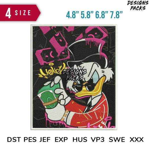 Embroidery design of cartoon duck in top hat holding money, graffiti style, 4 sizes, DST PES formats