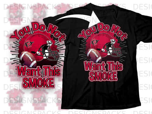 Black t-shirt with red football helmet, football, and text 