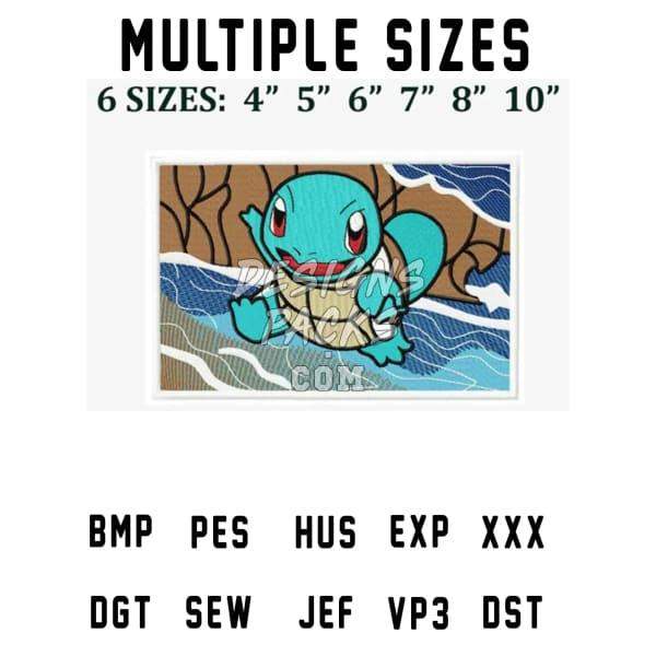 Squirtle embroidery design in multiple sizes, print-ready formats for DTF, DTG, and tumbler wraps