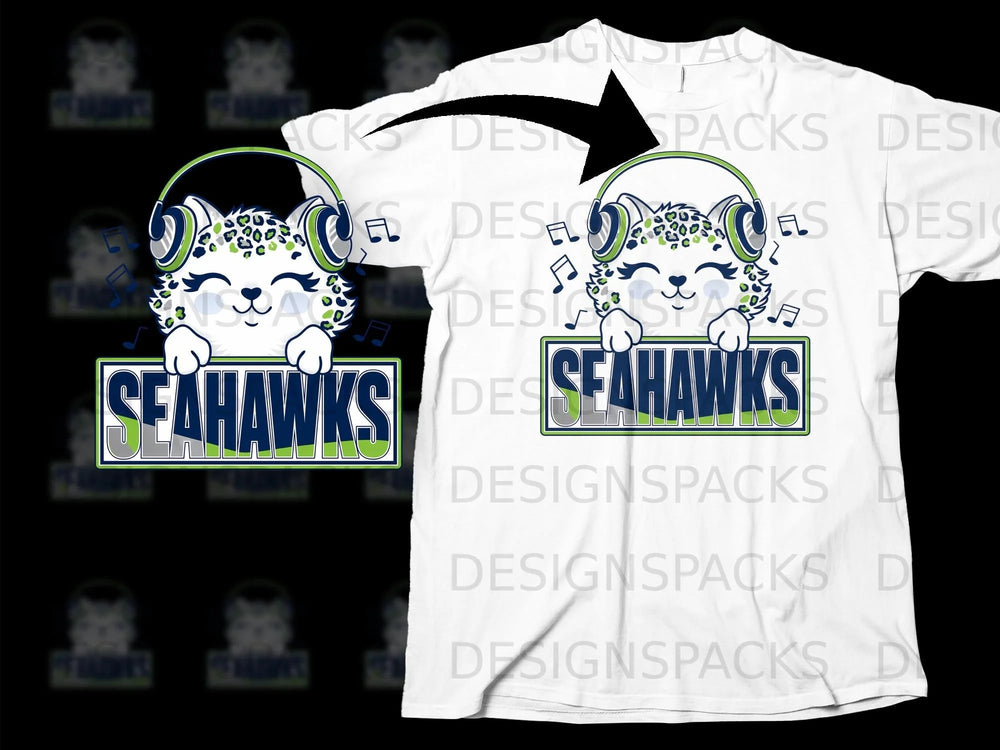Seahawks logo with a cartoon cheetah wearing headphones and musical notes.