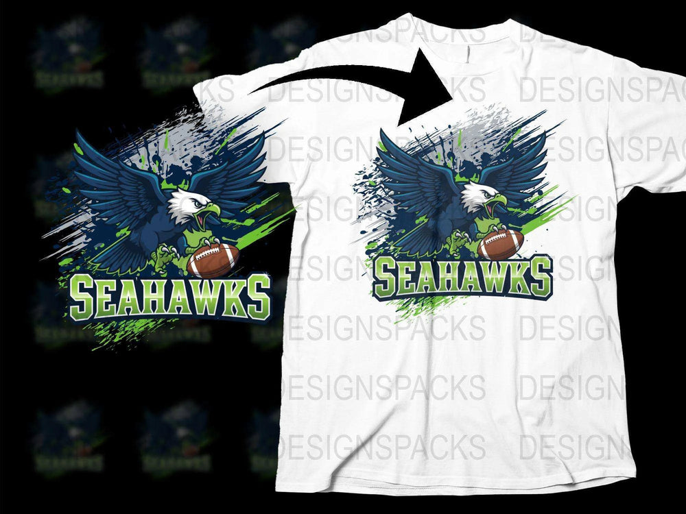 Seahawks Football Team Eagle Graphic T-Shirt, Bold Sports Fan Apparel, White and Blue Colorway