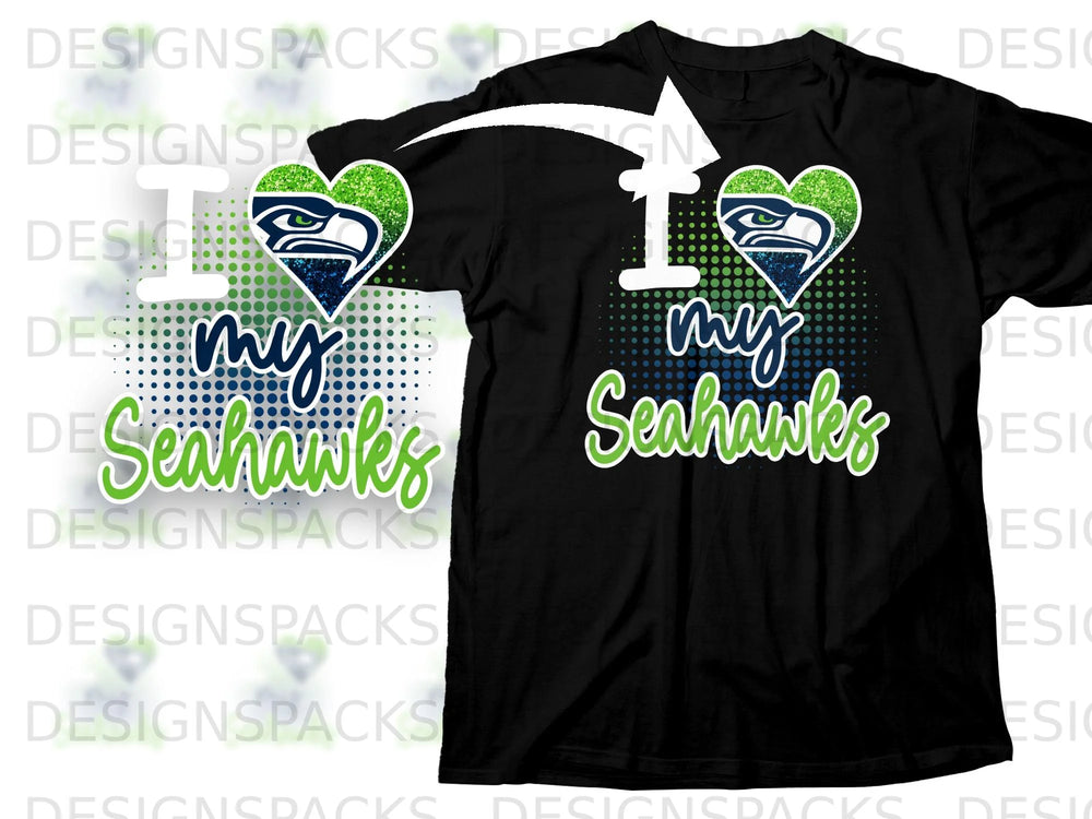 Black t-shirt with "I love my Seahawks" graphic featuring team logo.