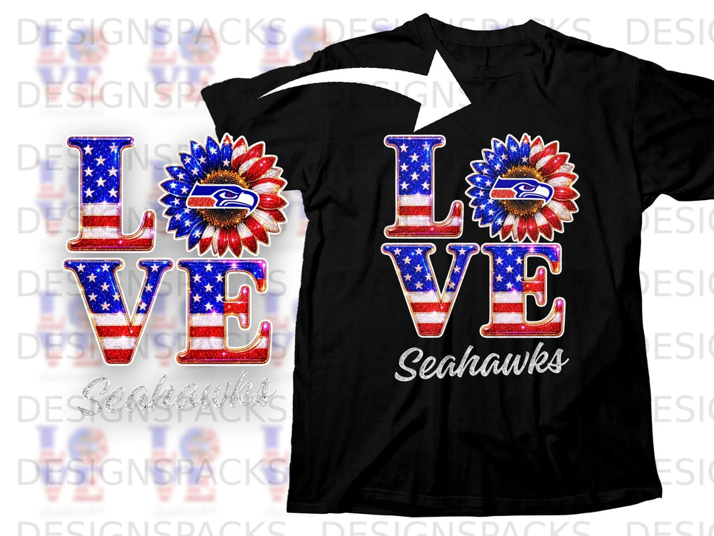 Black t-shirt with "LOVE Seahawks" design featuring glittery American flag letters and a sunflower.