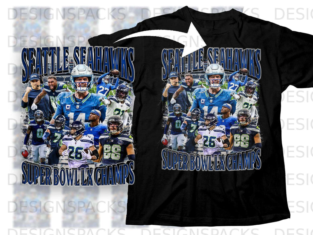 Seattle Seahawks Super Bowl Champions graphic on black t-shirt.