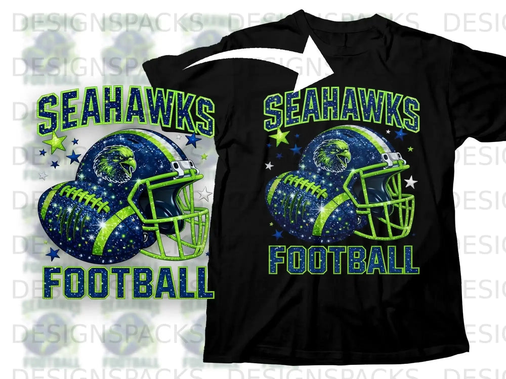 Seattle Seahawks football helmet with glitter, on a black t-shirt.
