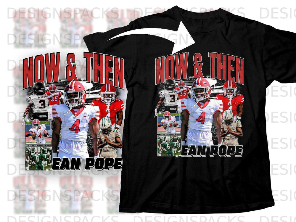 T-shirt with "Now & Then Dean Pope" text and football player collage.
