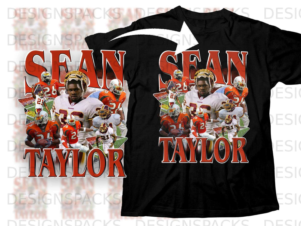 Black t-shirt with collage of Sean Taylor in Washington Redskins uniform.
