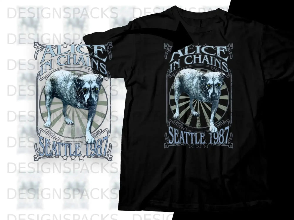 Alice in Chains Seattle 1987 graphic on black t-shirt.