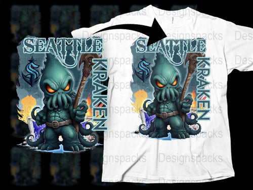 Seattle Kraken T-Shirt, Mystical Sea Monster Graphic Tee, Octopus Creature, Navy Blue and White
