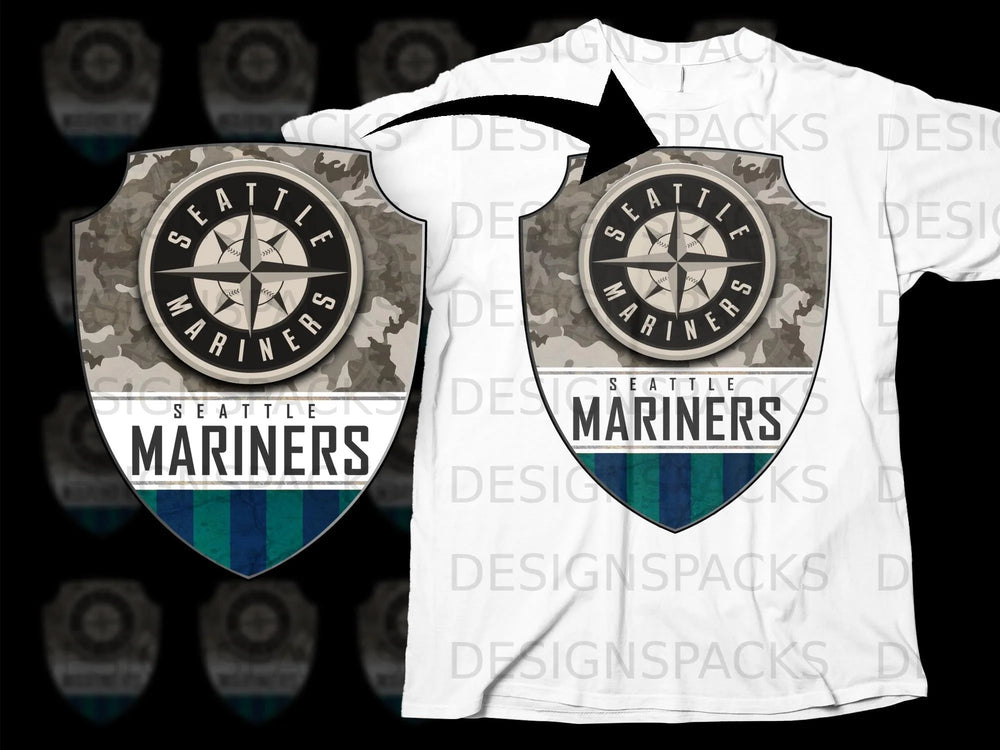 Seattle Mariners shield logo with camouflage and green and blue stripes.