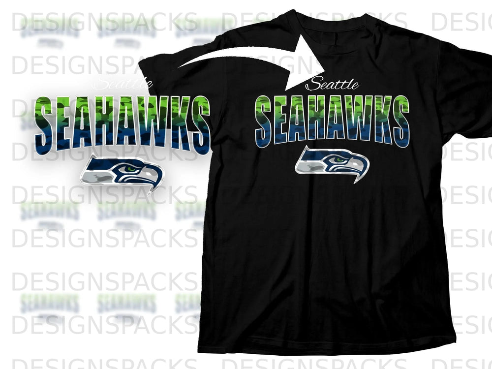 Black t-shirt with Seattle Seahawks logo and camouflage text.