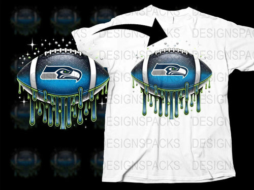 Seattle Football Team Themed T-Shirt, Dripping Paint Design, Blue Green Sports Fan Apparel