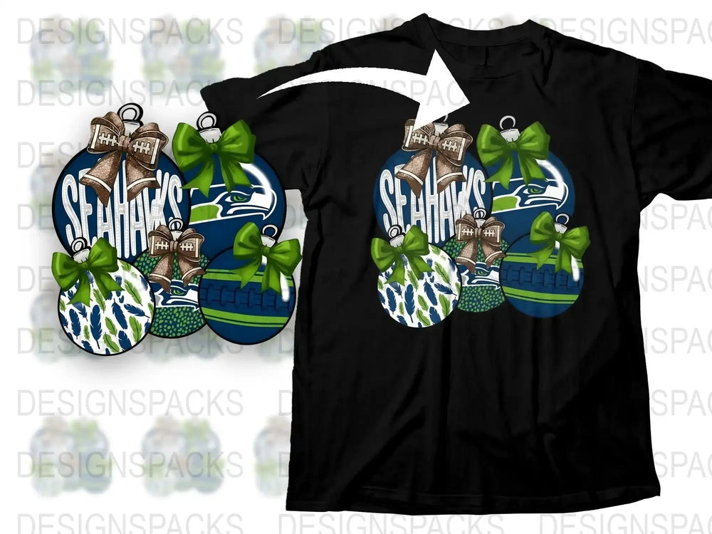 Seattle Football Fan T-Shirt, Christmas Ornament Graphic Tee, Holiday Sports Apparel, Festive Team Support Shirt