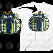 Seattle Seahawks logo on a patchwork pumpkin with navy, green, and white patterns.