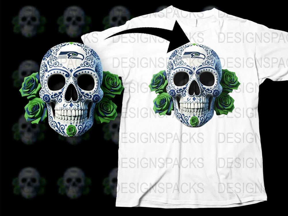Sugar Skull T-Shirt, Blue and White Floral Day of the Dead Tee, Mexican Calavera Top, Rose Embellished Skull Shirt, Unisex Fashion
