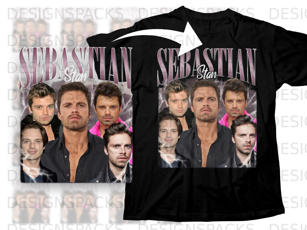 Sebastian Stan collage with lightning effects and bold text.