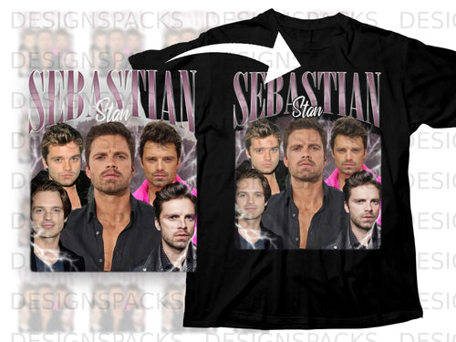 Sebastian Stan collage with lightning effects and bold text.