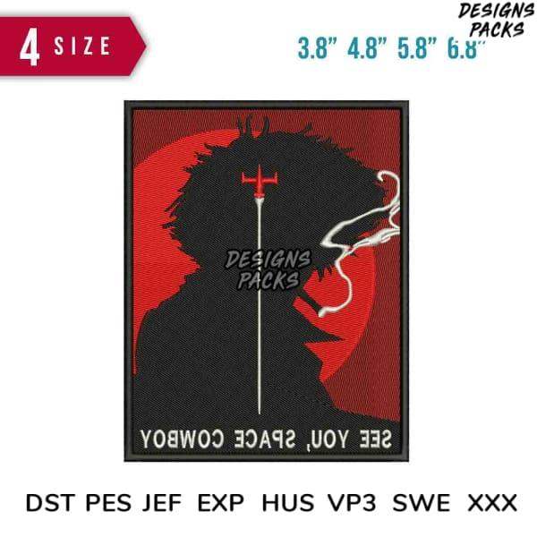 Embroidery design of Space Cowboy silhouette with red moon, available in PES, DST, EXP formats for instant download.