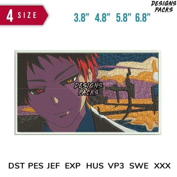 Anime-style embroidery design with 4 size options, compatible with DST PES JEF formats for instant download.